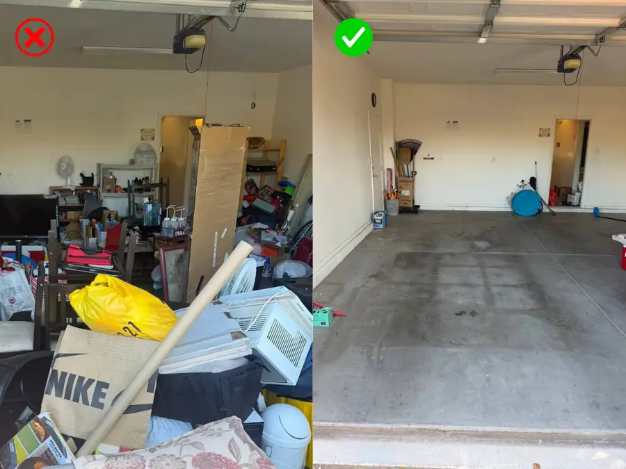 A garage packed floor to ceiling with boxes, furniture and bags, then the same garage completely empty and swept