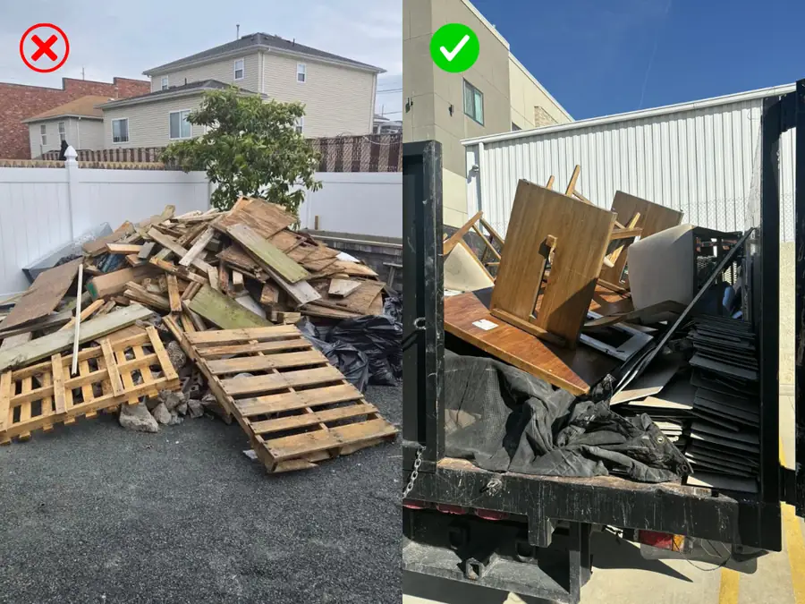 A large pile of broken pallets and scrap timber in a yard, then the same material stacked and loaded into the truck