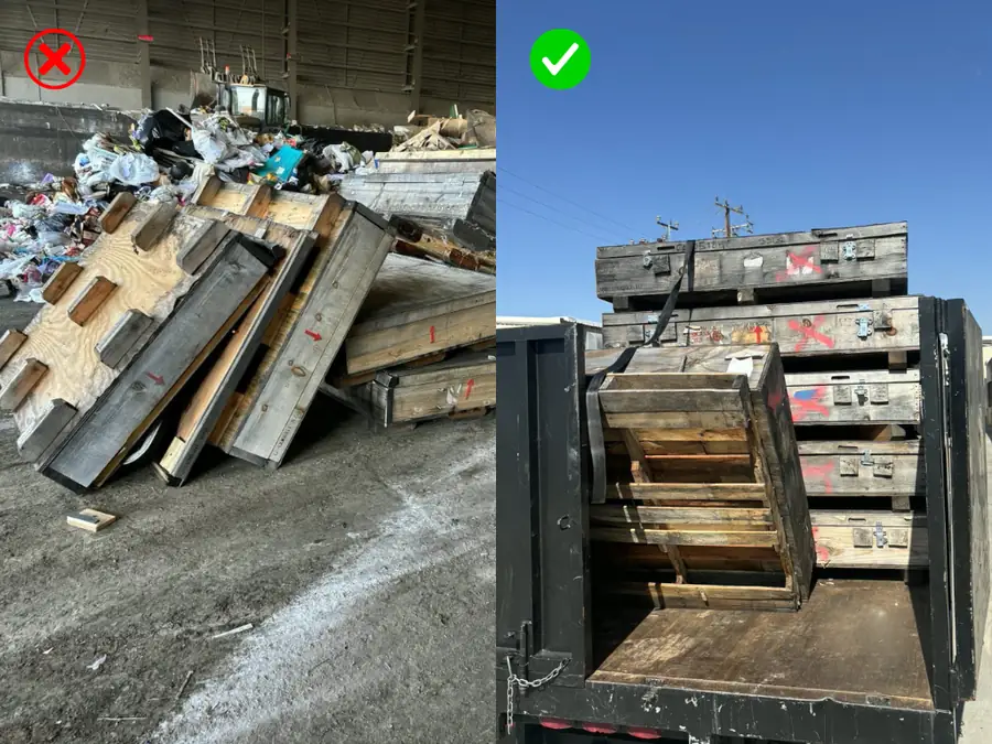 Heavy shipping crates dumped on a warehouse floor, then the same crates stacked and strapped on the truck bed